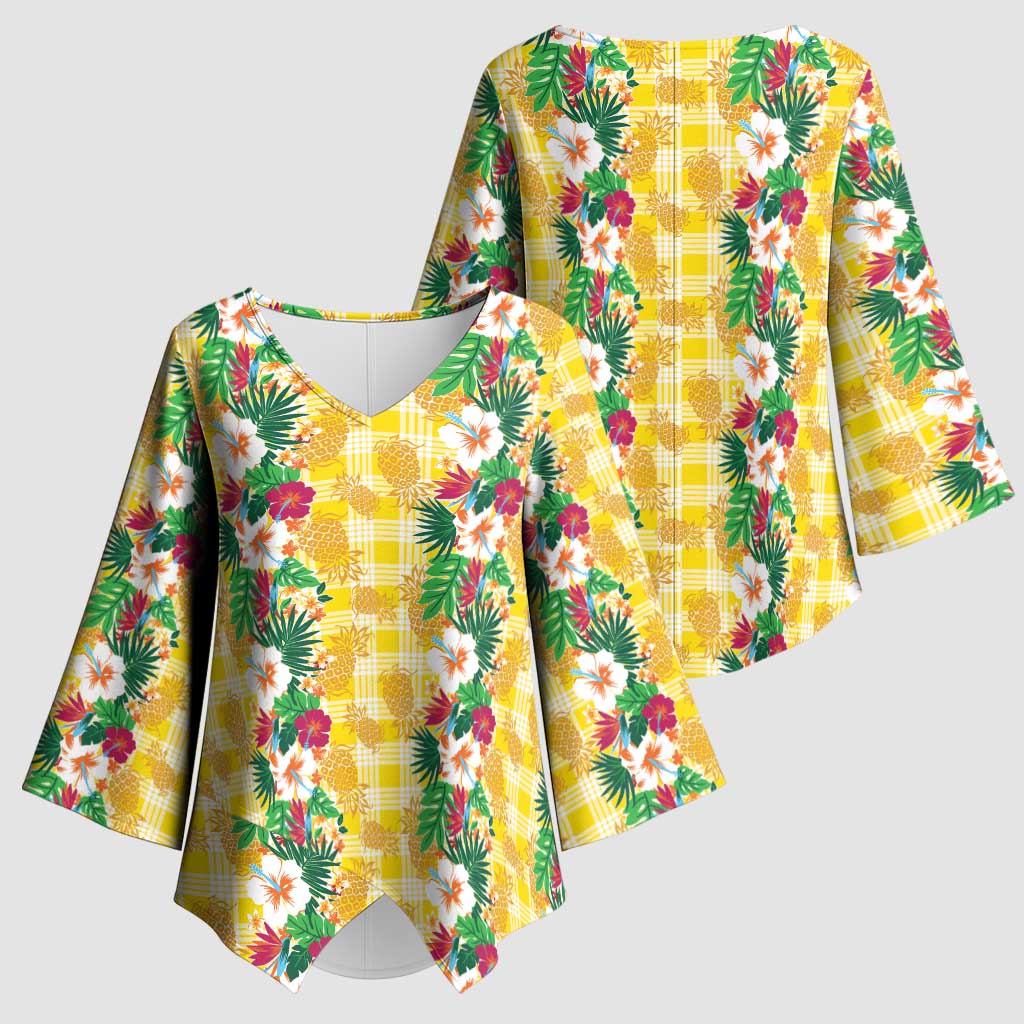 Hawaiian Palaka Kimono Sleeve Blouse Hibiscus Pineapple Lei - Polynesian Pride