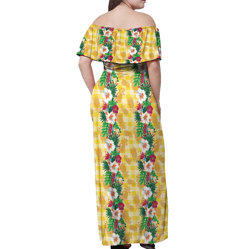 Hawaiian Palaka Off Shoulder Maxi Dress Hibiscus Pineapple Lei - Polynesian Pride