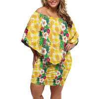 Hawaiian Palaka Off Shoulder Short Dress Hibiscus Pineapple Lei - Polynesian Pride