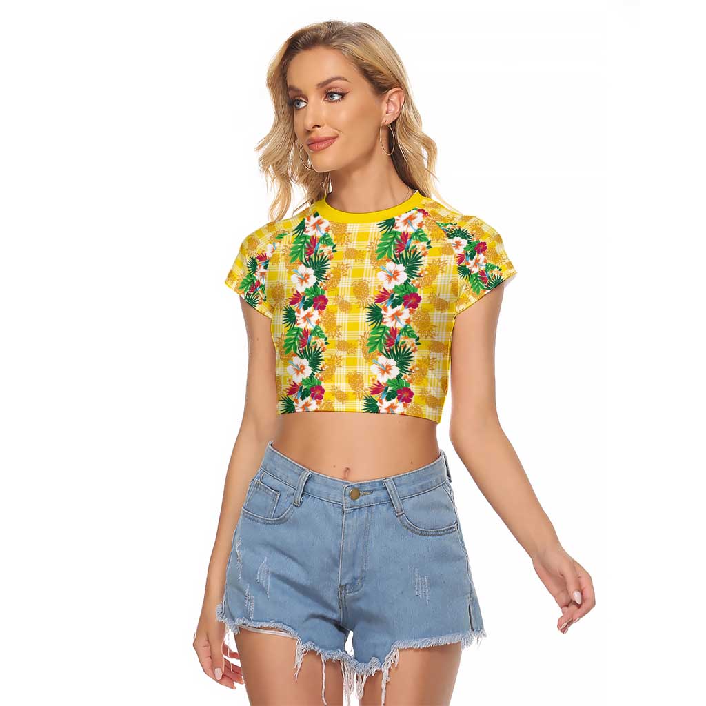 Hawaiian Palaka Raglan Cropped T Shirt Hibiscus Pineapple Lei - Polynesian Pride