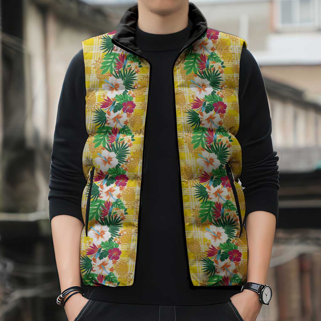 Hawaiian Palaka Sleeveless Puffer Jacket Hibiscus Pineapple Lei - Polynesian Pride