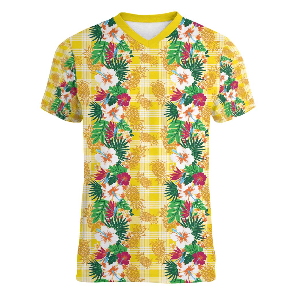 Hawaiian Palaka Women V-Neck T-Shirt Hibiscus Pineapple Lei - Polynesian Pride