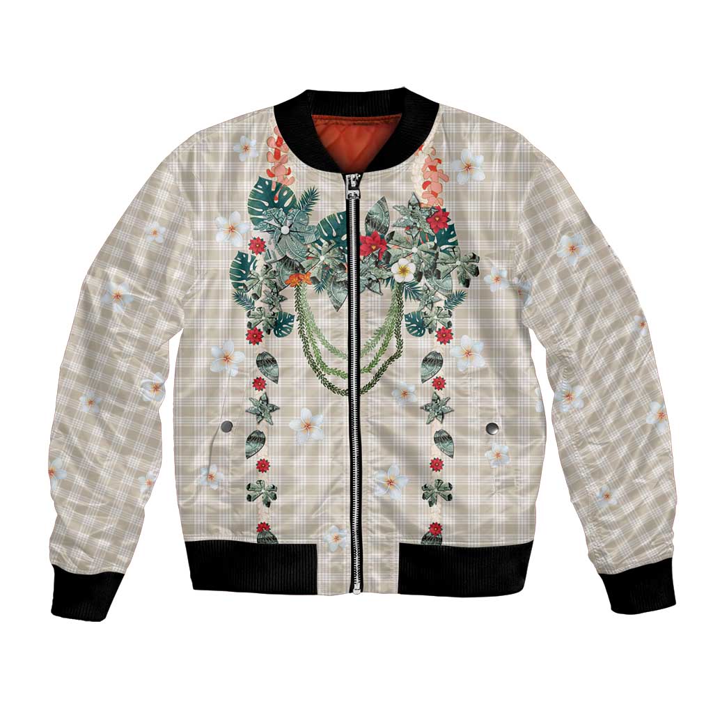 Brown Hawaiian Palaka Bomber Jacket Kukui Nut Money Lei - Polynesian Pride