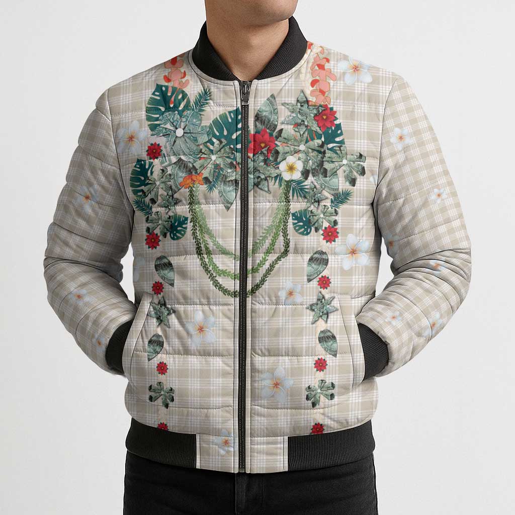 Brown Hawaiian Palaka Bomber Puffer Jacket Kukui Nut Money Lei LT9 - Polynesian Pride