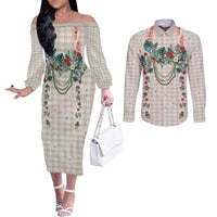 Brown Hawaiian Palaka Couples Matching Off The Shoulder Long Sleeve Dress and Long Sleeve Button Shirt Kukui Nut Money Lei - Polynesian Pride