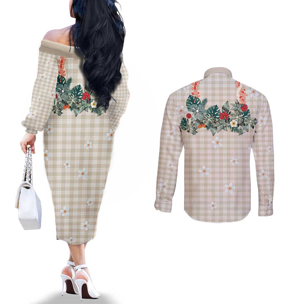 Brown Hawaiian Palaka Couples Matching Off The Shoulder Long Sleeve Dress and Long Sleeve Button Shirt Kukui Nut Money Lei - Polynesian Pride