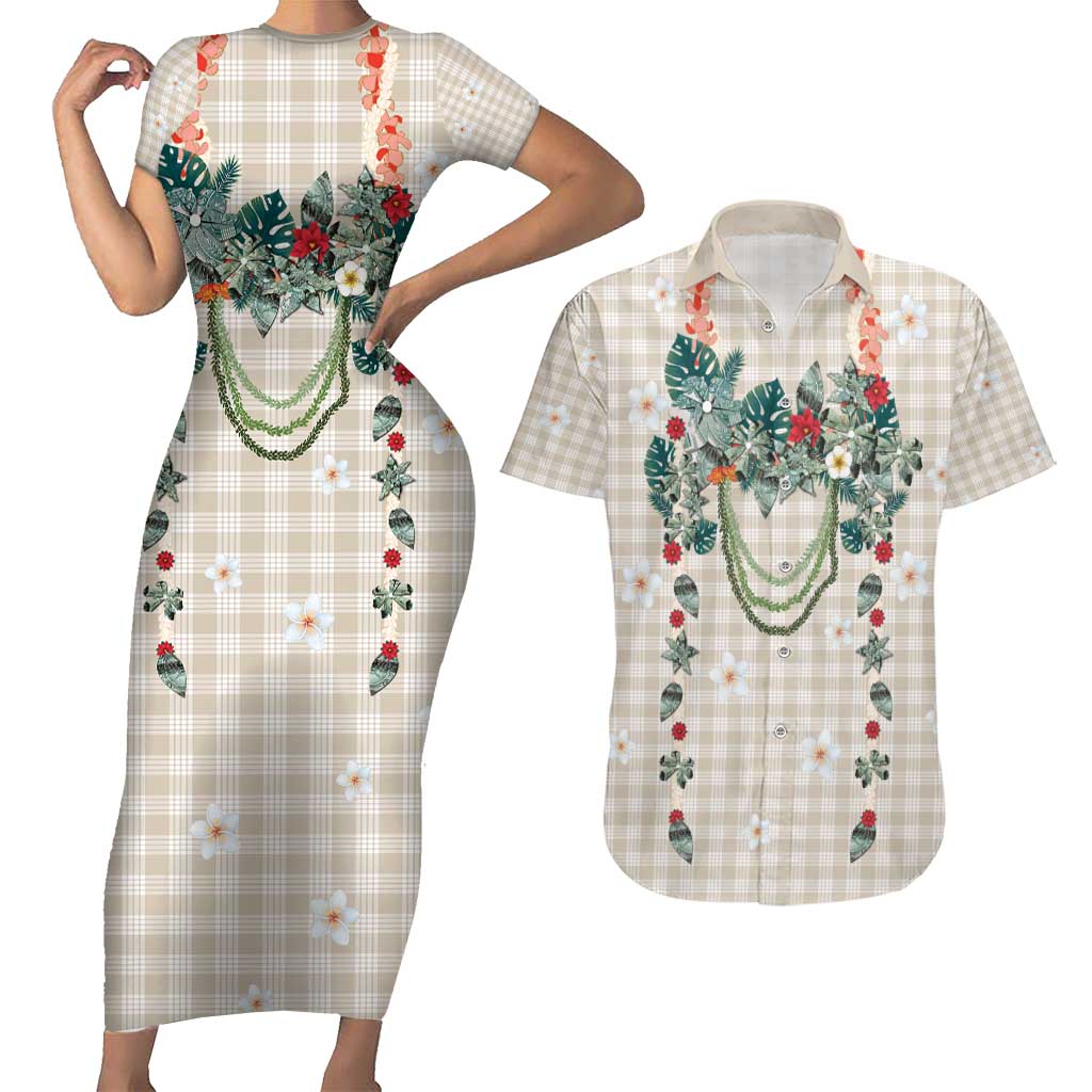 Brown Hawaiian Palaka Couples Matching Short Sleeve Bodycon Dress and Hawaiian Shirt Kukui Nut Money Lei LT9 Brown - Polynesian Pride