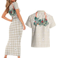 Brown Hawaiian Palaka Couples Matching Short Sleeve Bodycon Dress and Hawaiian Shirt Kukui Nut Money Lei LT9 - Polynesian Pride
