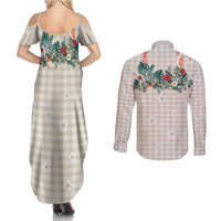 Brown Hawaiian Palaka Couples Matching Summer Maxi Dress and Long Sleeve Button Shirt Kukui Nut Money Lei LT9 - Polynesian Pride