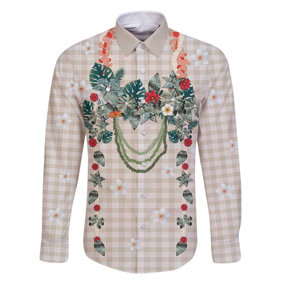 Brown Hawaiian Palaka Family Matching Off The Shoulder Long Sleeve Dress and Hawaiian Shirt Kukui Nut Money Lei - Polynesian Pride