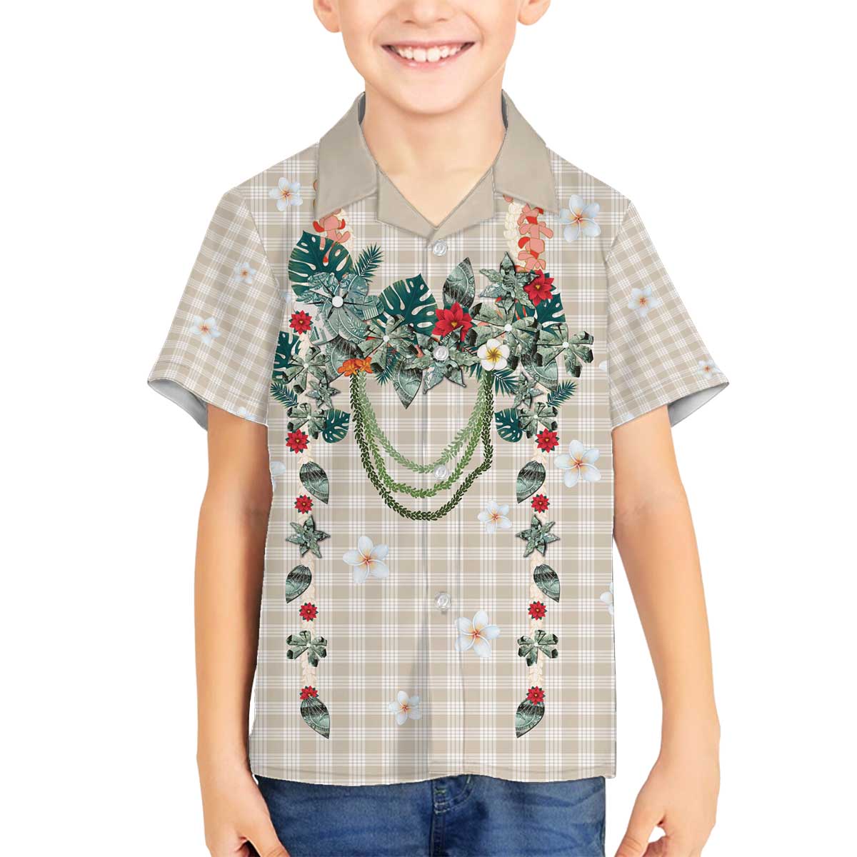 Brown Hawaiian Palaka Family Matching Off The Shoulder Long Sleeve Dress and Hawaiian Shirt Kukui Nut Money Lei - Polynesian Pride