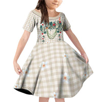 Brown Hawaiian Palaka Family Matching Off Shoulder Short Dress and Hawaiian Shirt Kukui Nut Money Lei LT9 Daughter's Dress Brown - Polynesian Pride