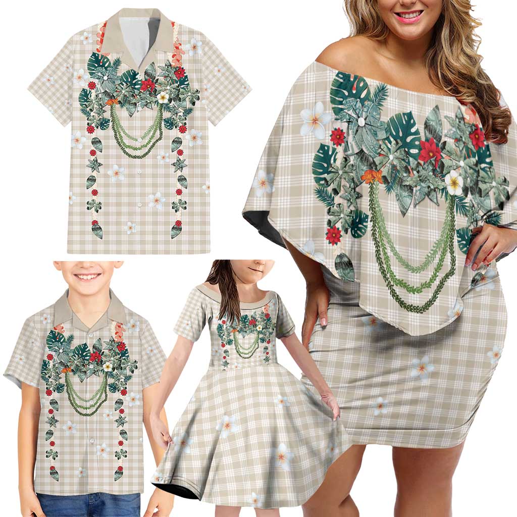 Brown Hawaiian Palaka Family Matching Off Shoulder Short Dress and Hawaiian Shirt Kukui Nut Money Lei LT9 - Polynesian Pride