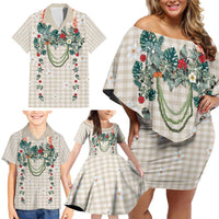 Brown Hawaiian Palaka Family Matching Off Shoulder Short Dress and Hawaiian Shirt Kukui Nut Money Lei LT9 - Polynesian Pride