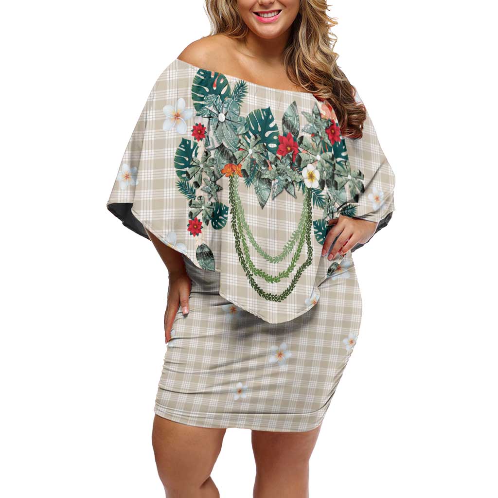 Brown Hawaiian Palaka Family Matching Off Shoulder Short Dress and Hawaiian Shirt Kukui Nut Money Lei LT9 Mom's Dress Brown - Polynesian Pride