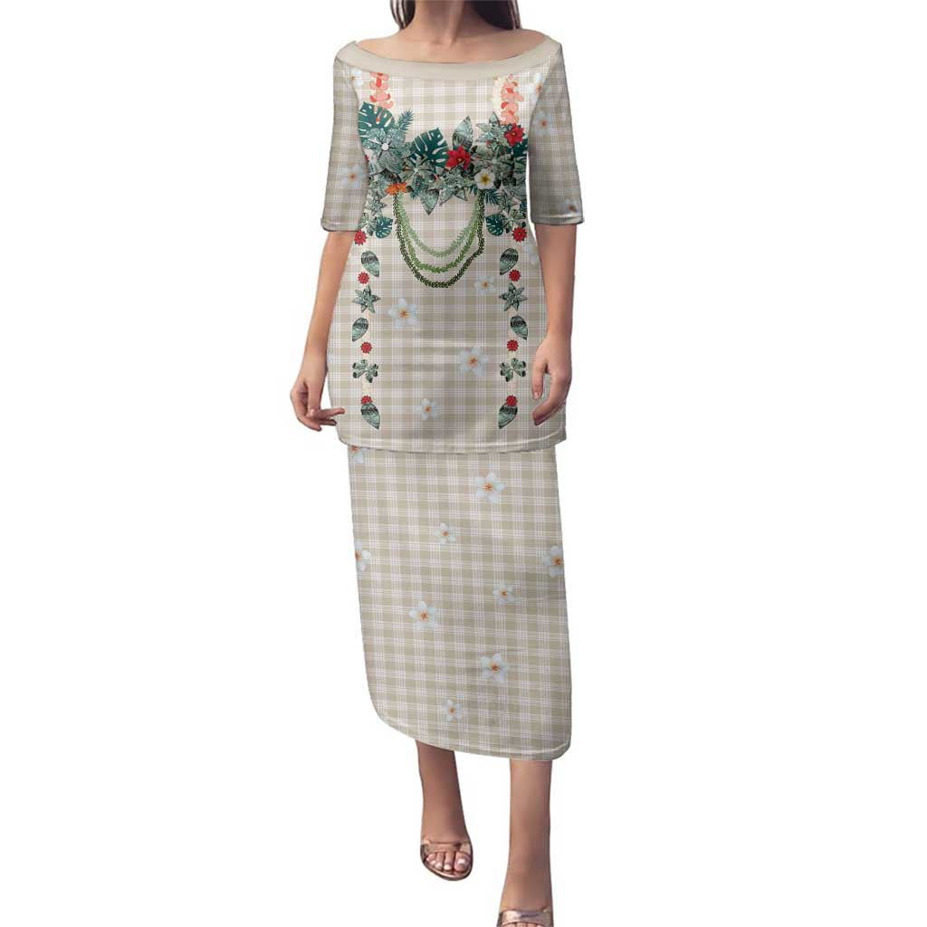 Brown Hawaiian Palaka Family Matching Puletasi and Hawaiian Shirt Kukui Nut Money Lei LT9 Mom's Dress Brown - Polynesian Pride