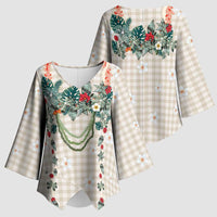 Brown Hawaiian Palaka Kimono Sleeve Blouse Kukui Nut Money Lei - Polynesian Pride