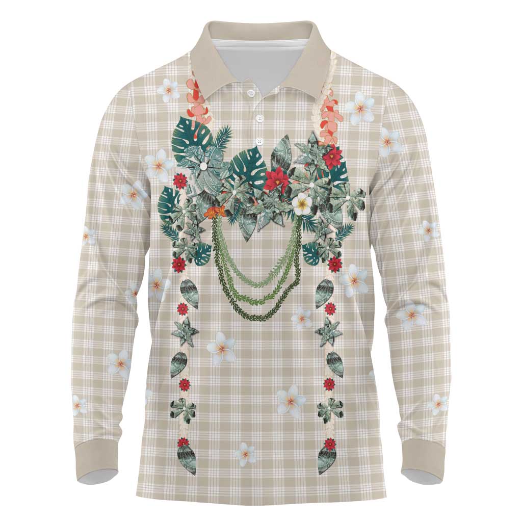 Brown Hawaiian Palaka Long Sleeve Polo Shirt Kukui Nut Money Lei - Polynesian Pride