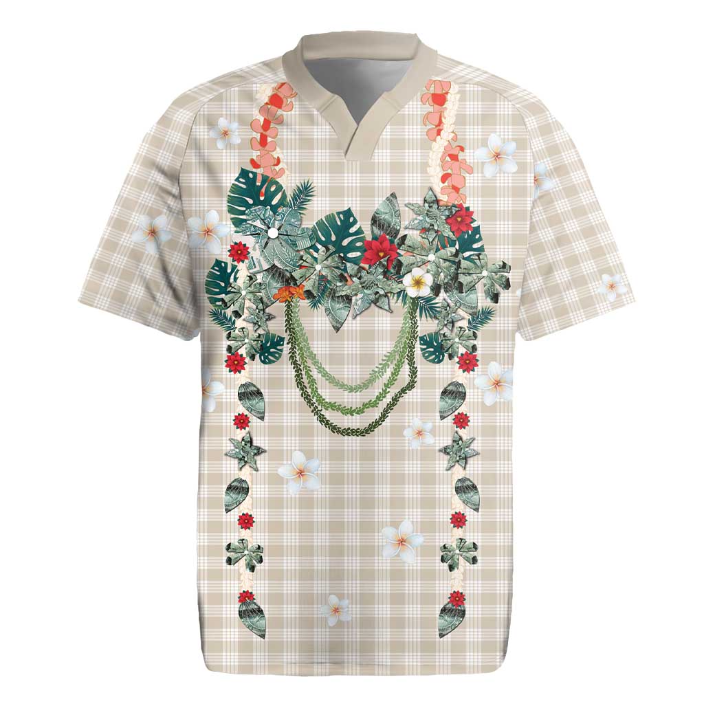 Brown Hawaiian Palaka Rugby Jersey Kukui Nut Money Lei - Polynesian Pride