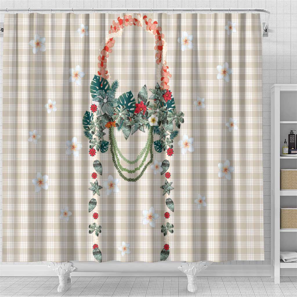 Brown Hawaiian Palaka Shower Curtain Kukui Nut Money Lei - Polynesian Pride
