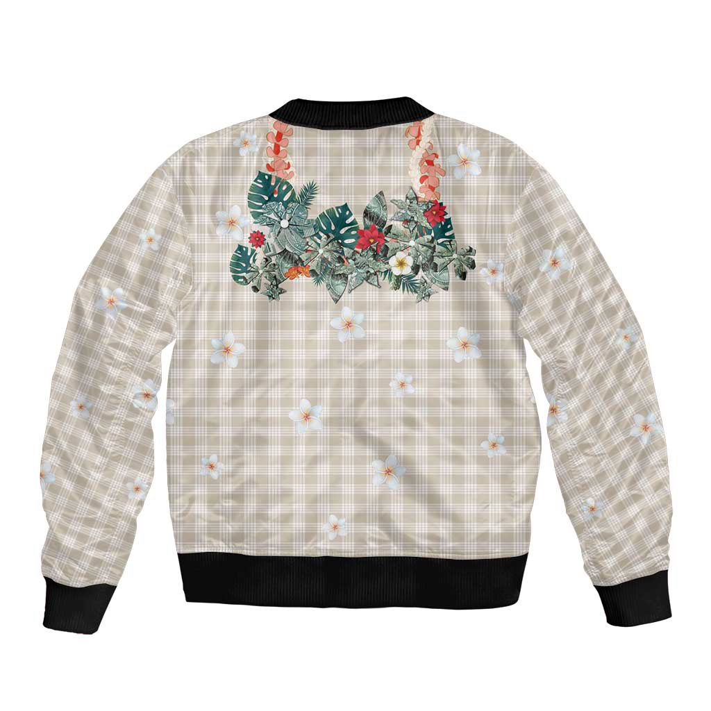 Brown Hawaiian Palaka Sleeve Zip Bomber Jacket Kukui Nut Money Lei - Polynesian Pride