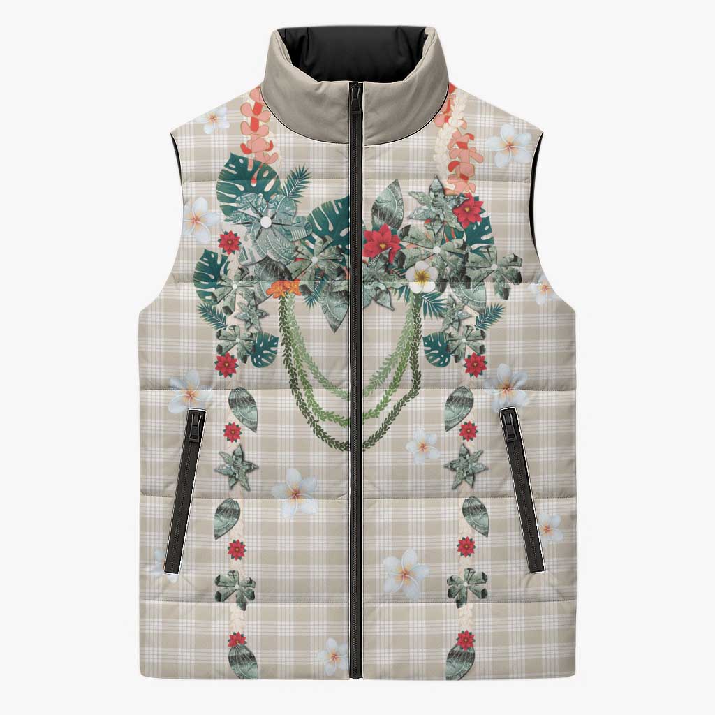 Brown Hawaiian Palaka Sleeveless Puffer Jacket Kukui Nut Money Lei - Polynesian Pride