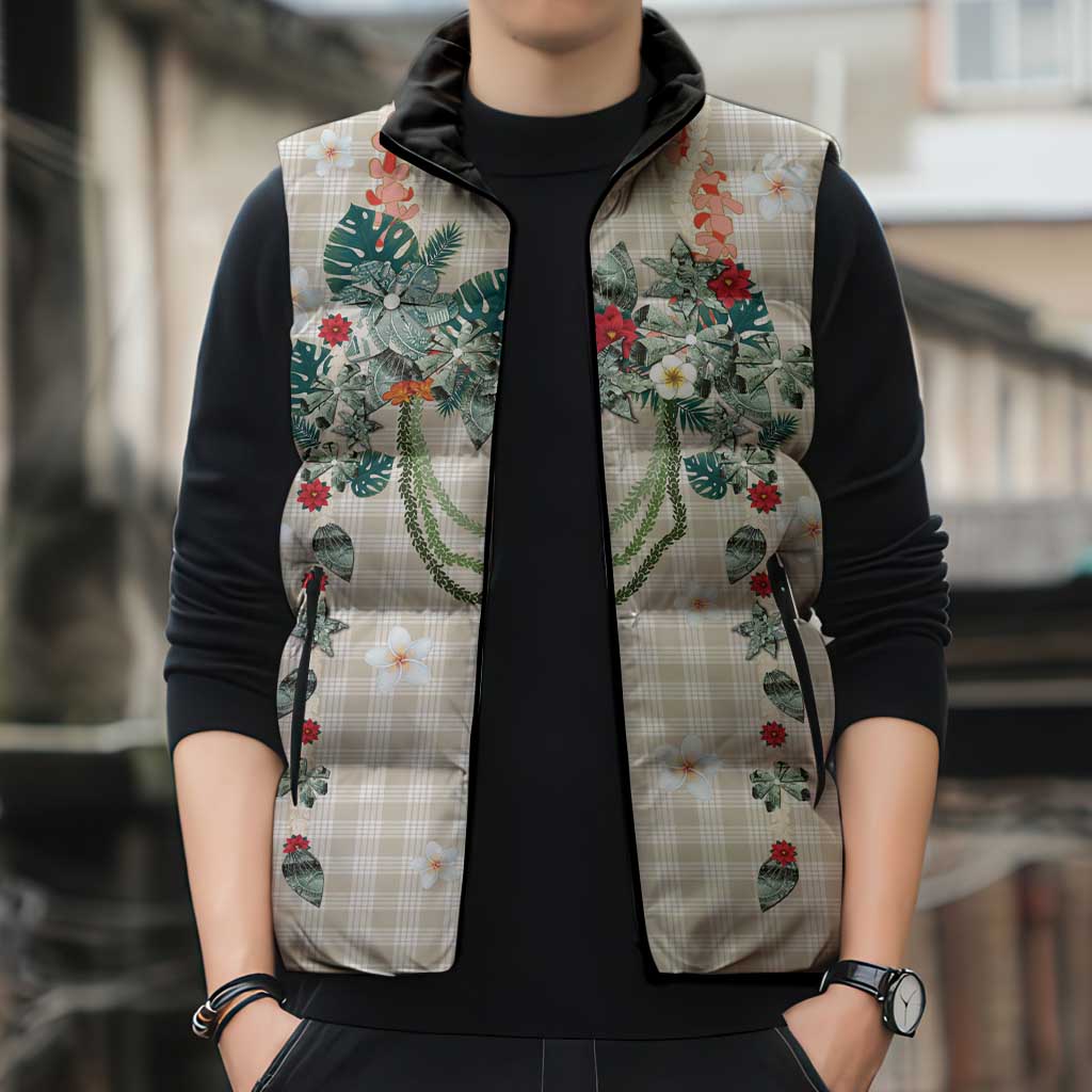 Brown Hawaiian Palaka Sleeveless Puffer Jacket Kukui Nut Money Lei - Polynesian Pride