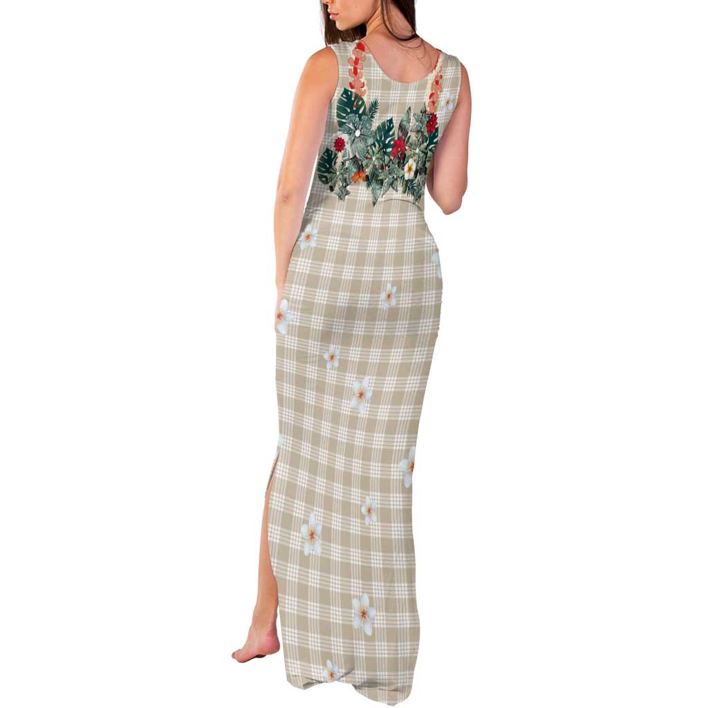 Brown Hawaiian Palaka Tank Maxi Dress Kukui Nut Money Lei - Polynesian Pride