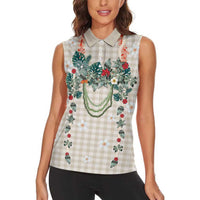 Brown Hawaiian Palaka Women Sleeveless Polo Shirt Kukui Nut Money Lei - Polynesian Pride