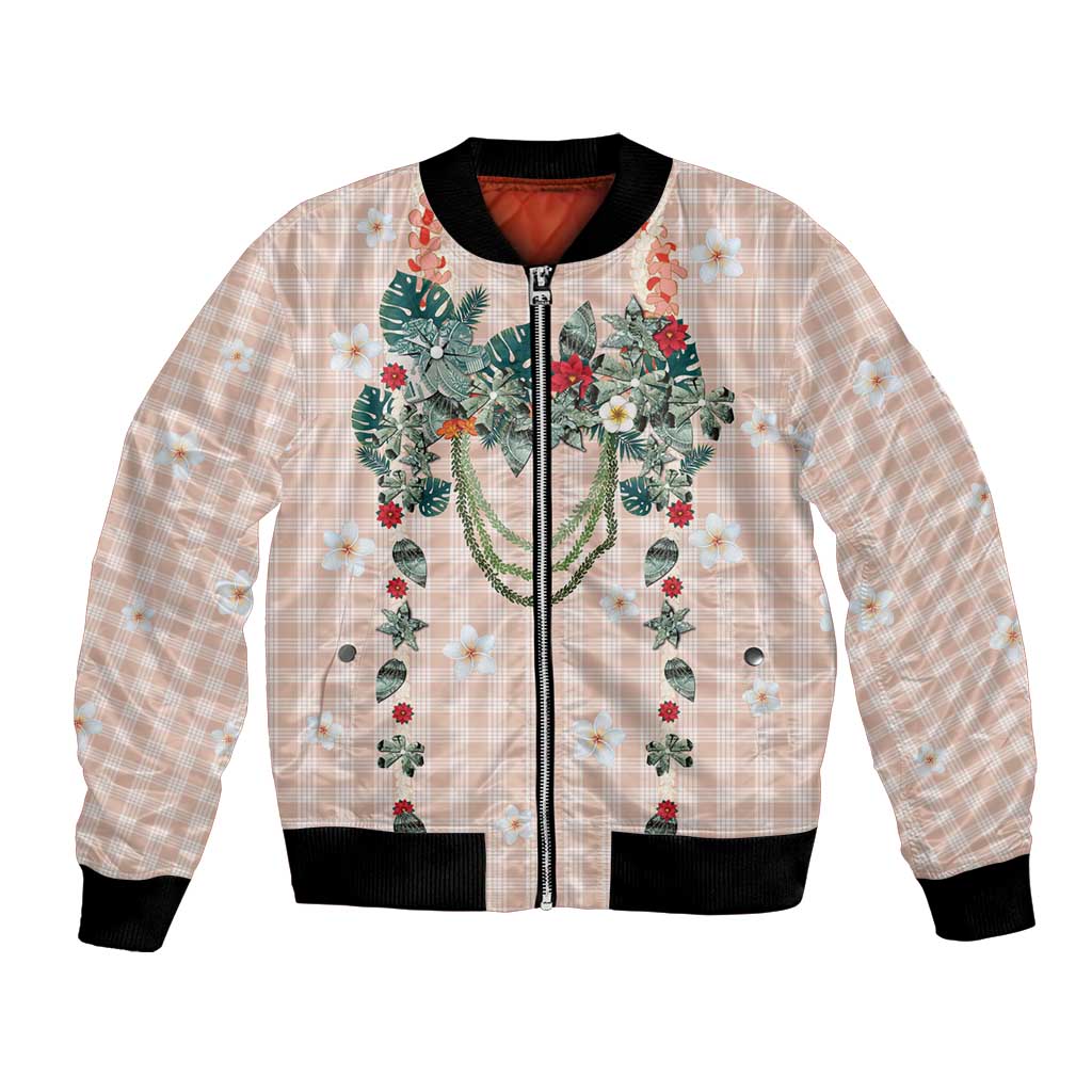 Peach Hawaiian Palaka Bomber Jacket Kukui Nut Money Lei - Polynesian Pride