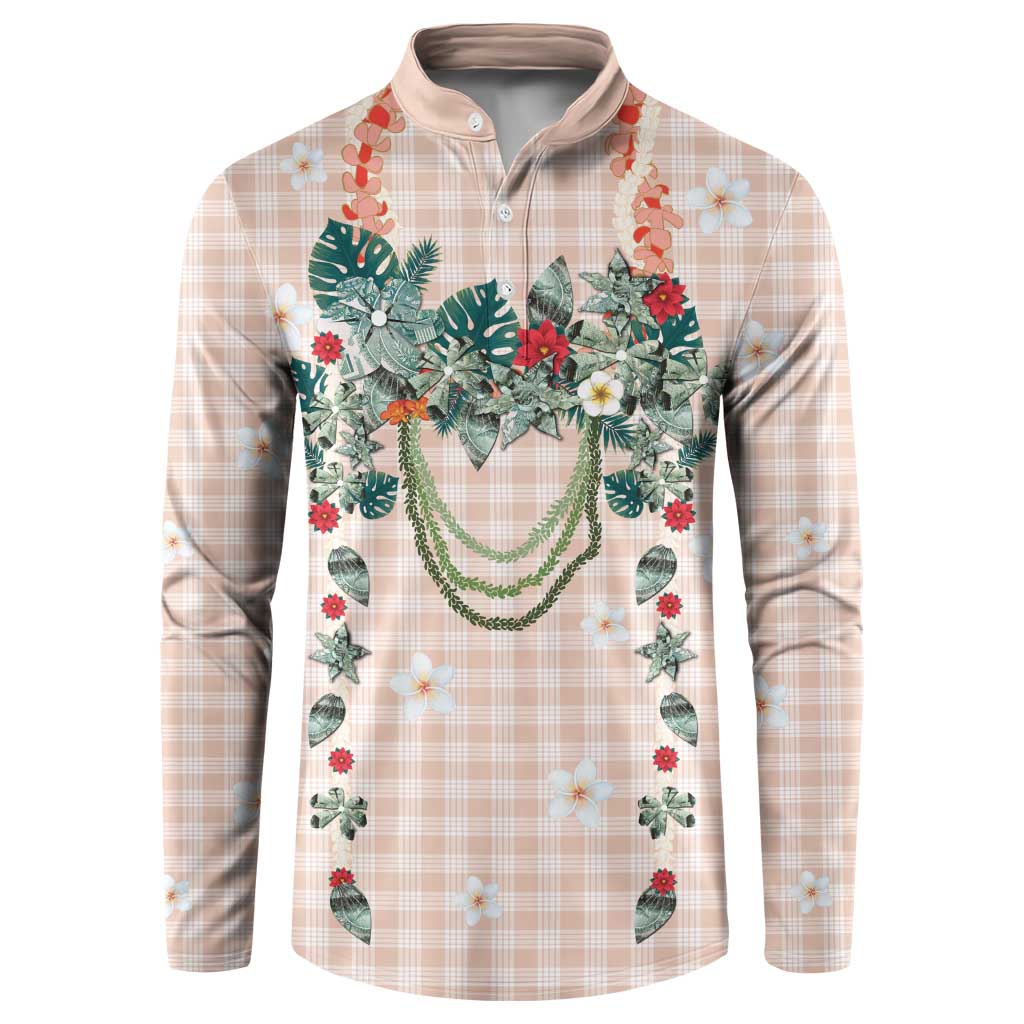 Peach Hawaiian Palaka Button Sweatshirt Kukui Nut Money Lei - Polynesian Pride