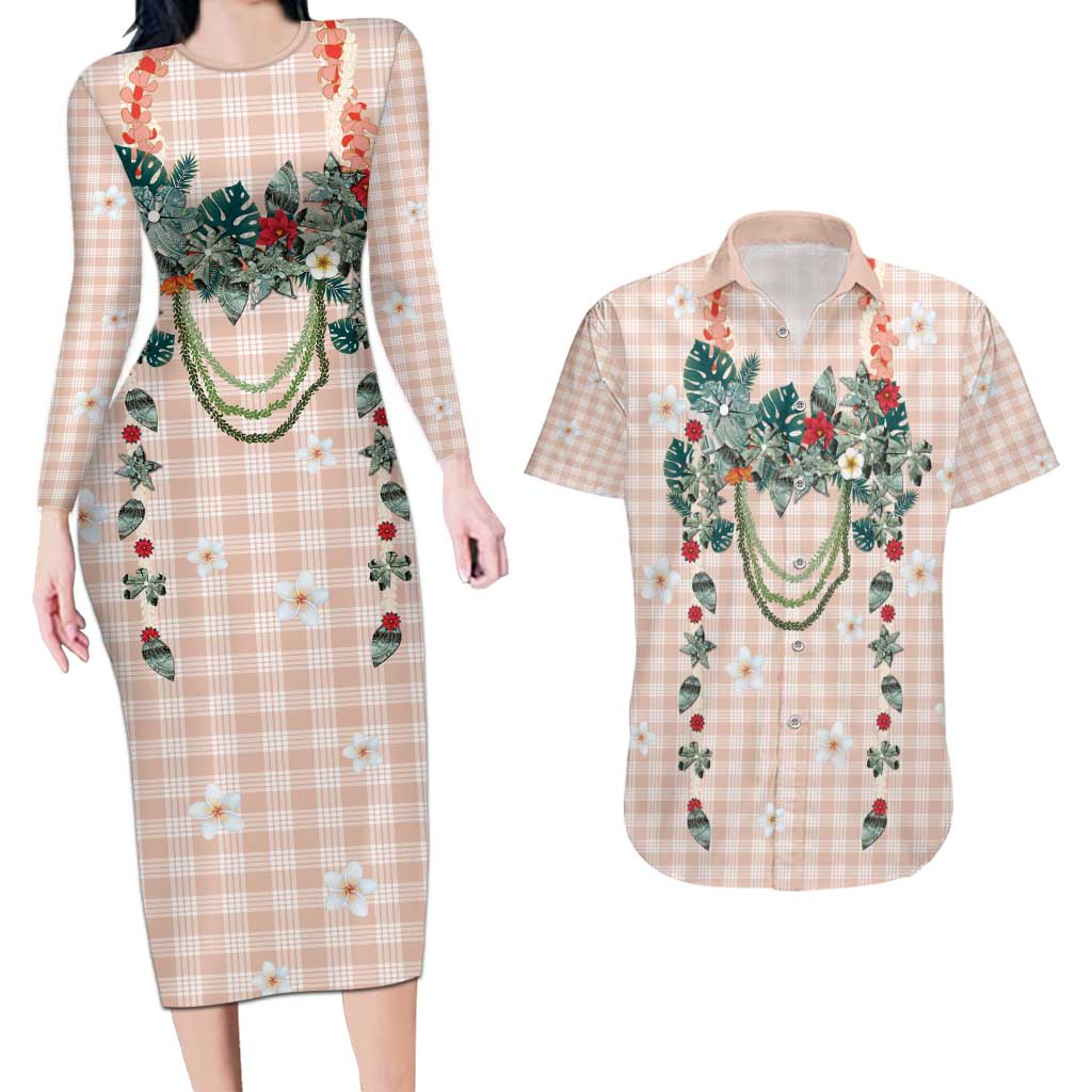Peach Hawaiian Palaka Couples Matching Long Sleeve Bodycon Dress and Hawaiian Shirt Kukui Nut Money Lei LT9 Peach - Polynesian Pride