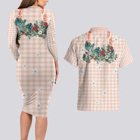 Peach Hawaiian Palaka Couples Matching Long Sleeve Bodycon Dress and Hawaiian Shirt Kukui Nut Money Lei LT9 - Polynesian Pride
