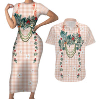 Peach Hawaiian Palaka Couples Matching Short Sleeve Bodycon Dress and Hawaiian Shirt Kukui Nut Money Lei LT9 Peach - Polynesian Pride