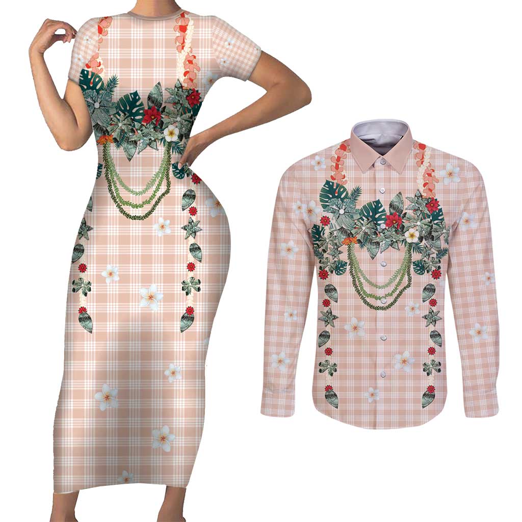 Peach Hawaiian Palaka Couples Matching Short Sleeve Bodycon Dress and Long Sleeve Button Shirt Kukui Nut Money Lei - Polynesian Pride
