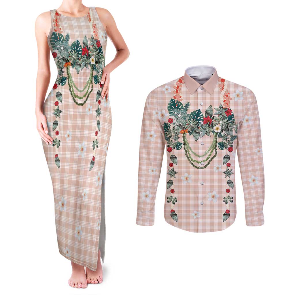 Peach Hawaiian Palaka Couples Matching Tank Maxi Dress and Long Sleeve Button Shirt Kukui Nut Money Lei - Polynesian Pride