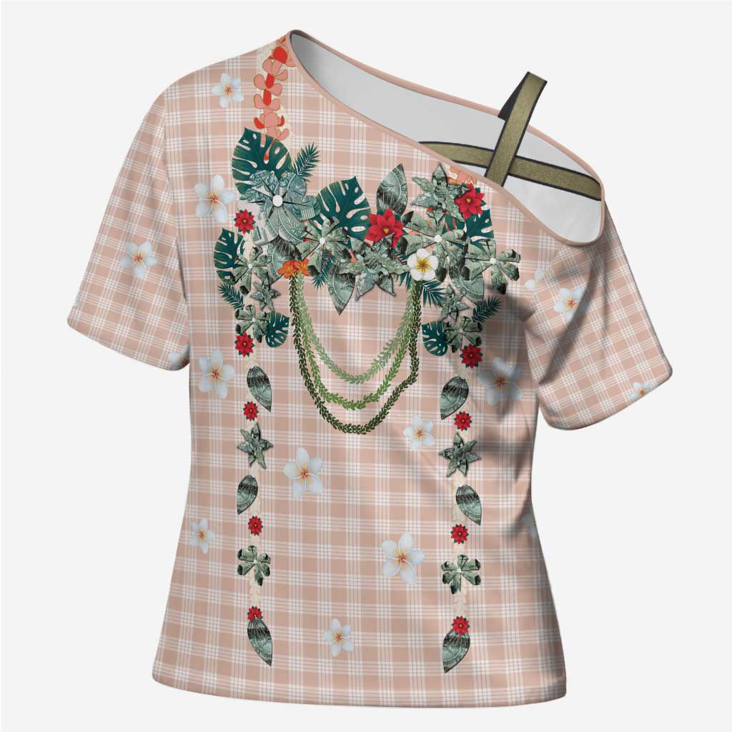 Peach Hawaiian Palaka Cross Shoulder Shirt Kukui Nut Money Lei - Polynesian Pride