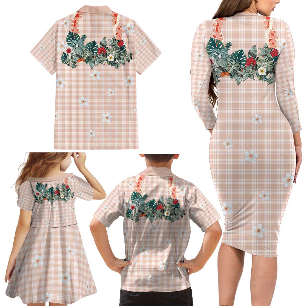 Peach Hawaiian Palaka Family Matching Long Sleeve Bodycon Dress and Hawaiian Shirt Kukui Nut Money Lei LT9 - Polynesian Pride