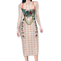 Peach Hawaiian Palaka Family Matching Long Sleeve Bodycon Dress and Hawaiian Shirt Kukui Nut Money Lei LT9 Mom's Dress Peach - Polynesian Pride