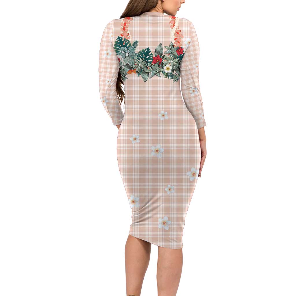 Peach Hawaiian Palaka Family Matching Long Sleeve Bodycon Dress and Hawaiian Shirt Kukui Nut Money Lei LT9 - Polynesian Pride