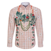 Peach Hawaiian Palaka Family Matching Off The Shoulder Long Sleeve Dress and Hawaiian Shirt Kukui Nut Money Lei - Polynesian Pride