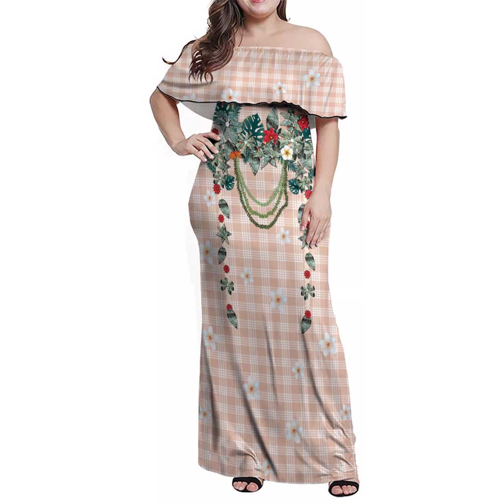 Peach Hawaiian Palaka Family Matching Off Shoulder Maxi Dress and Hawaiian Shirt Kukui Nut Money Lei LT9 Mom's Dress Peach - Polynesian Pride