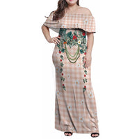 Peach Hawaiian Palaka Family Matching Off Shoulder Maxi Dress and Hawaiian Shirt Kukui Nut Money Lei LT9 Mom's Dress Peach - Polynesian Pride