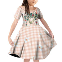 Peach Hawaiian Palaka Family Matching Off Shoulder Short Dress and Hawaiian Shirt Kukui Nut Money Lei LT9 Daughter's Dress Peach - Polynesian Pride