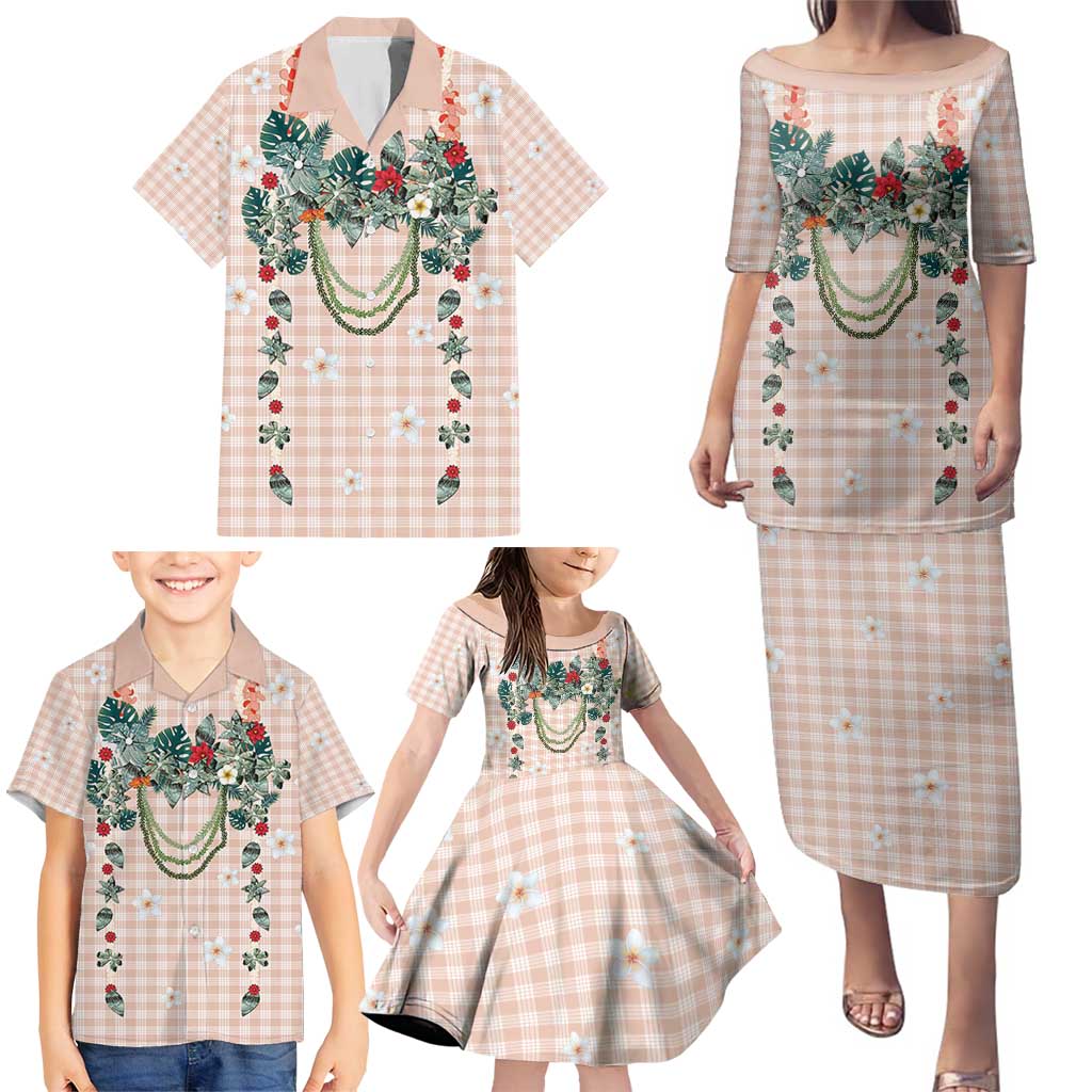 Peach Hawaiian Palaka Family Matching Puletasi and Hawaiian Shirt Kukui Nut Money Lei LT9 - Polynesian Pride