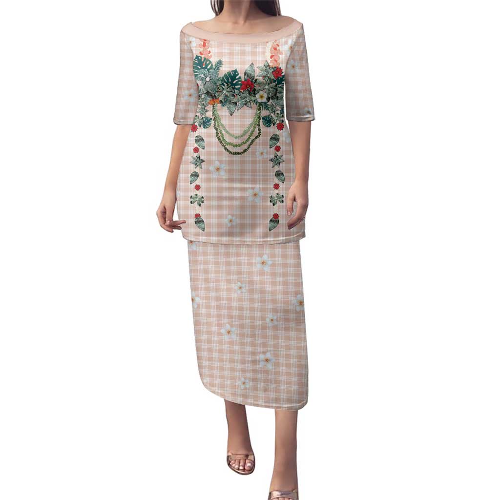 Peach Hawaiian Palaka Family Matching Puletasi and Hawaiian Shirt Kukui Nut Money Lei LT9 Mom's Dress Peach - Polynesian Pride