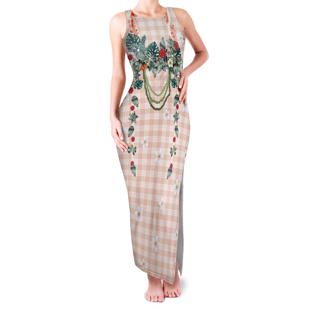 Peach Hawaiian Palaka Family Matching Tank Maxi Dress and Hawaiian Shirt Kukui Nut Money Lei LT9 Mom's Dress Peach - Polynesian Pride