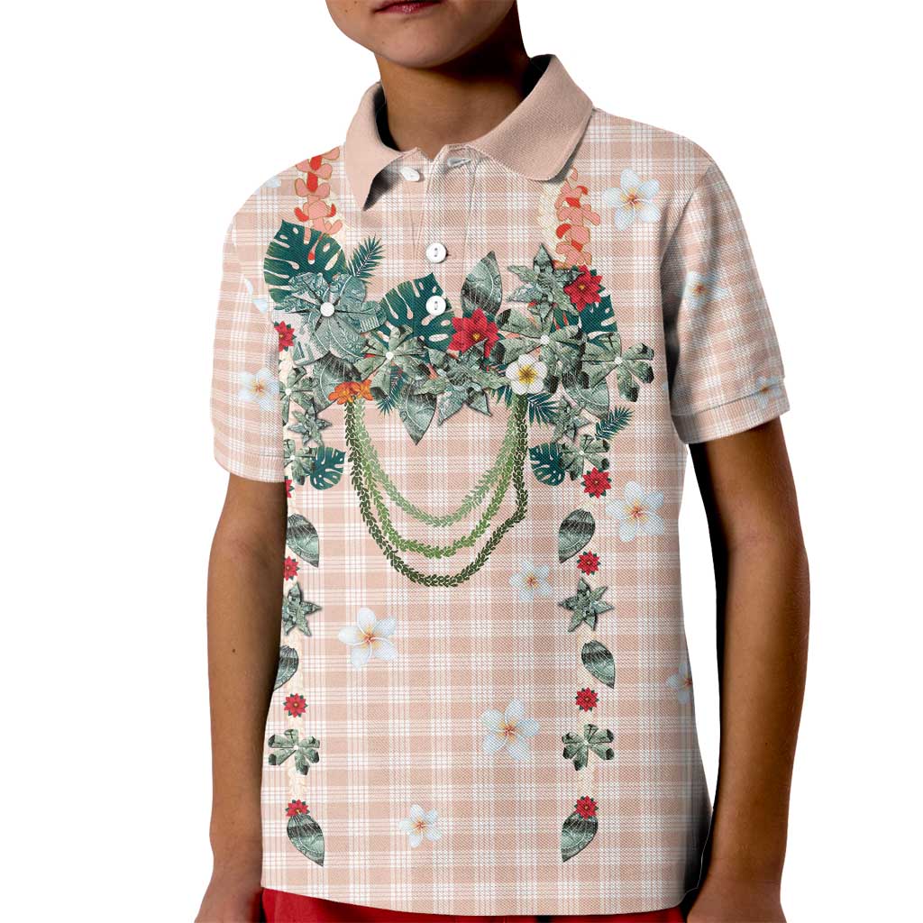 Peach Hawaiian Palaka Kid Polo Shirt Kukui Nut Money Lei - Polynesian Pride