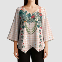 Peach Hawaiian Palaka Kimono Sleeve Blouse Kukui Nut Money Lei - Polynesian Pride