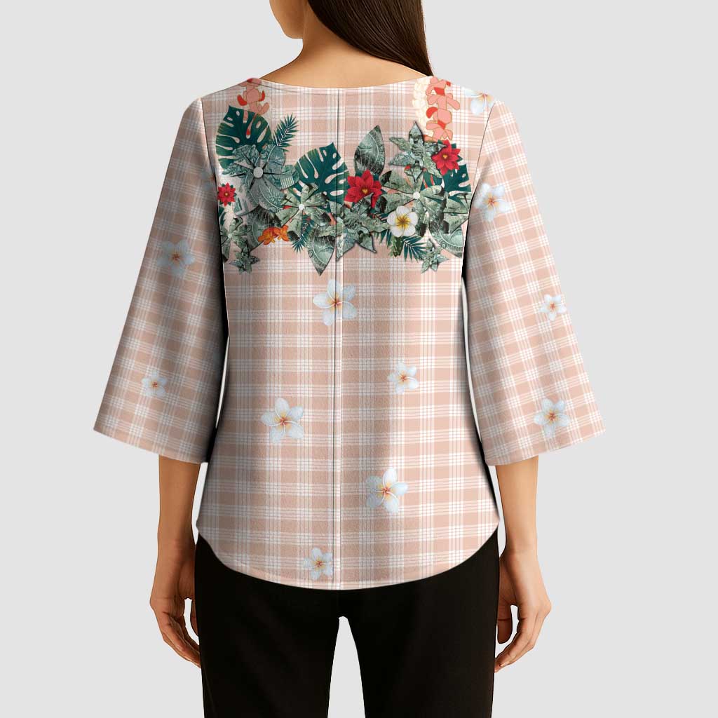 Peach Hawaiian Palaka Kimono Sleeve Blouse Kukui Nut Money Lei - Polynesian Pride